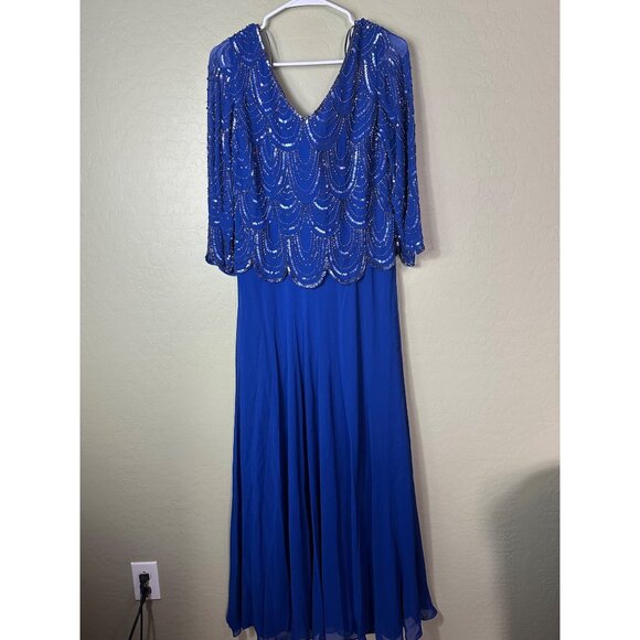NWT J Kara Women's V-Neck 3/4 Sleeve Scalloped Beaded Mock Dress, Royal/Multi, 4 - Picture 2 of 8